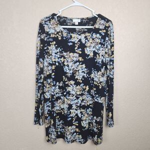 J. Jill Blue and Yellow Floral LS Knit Tunic Top Small (5024)